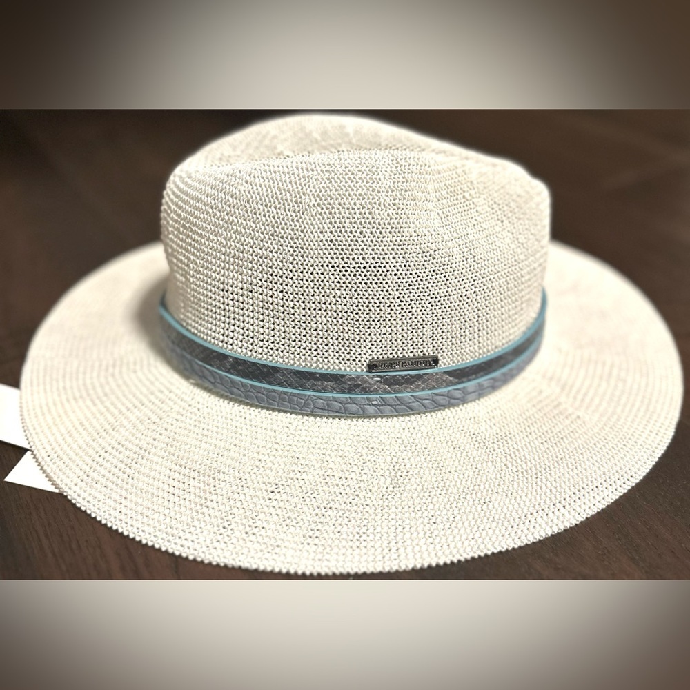 ‼️RARE‼️🎸VINCE CAMUTO🎸🔥NWT🔥Double Buckle Straw Panama Hat in White/Turquoise